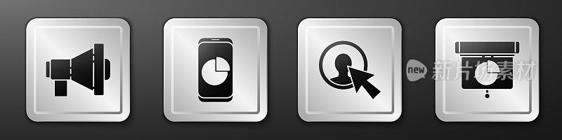 Set Megaphone, Mobile phone with graph chart, User of man in business suit and Graph, chart, diagram, infographic icon. Silver square button. Vector